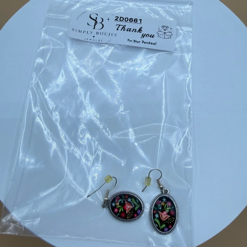 Floral Folk Art Earrings Black Multicolor Flower Oval Silver Tone Dangle Pair